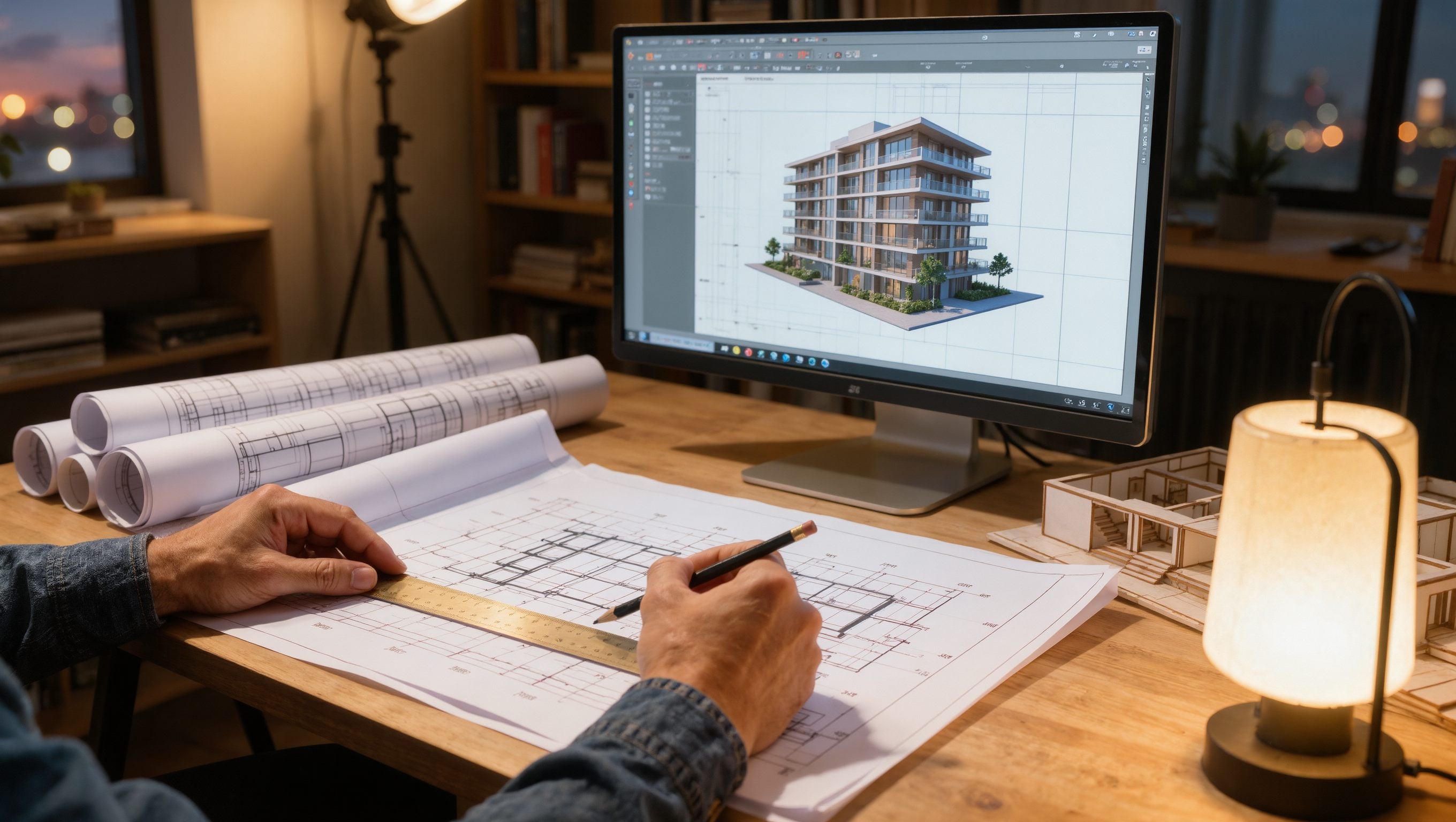 Architekt nad rysunkiem technicznym z modelem BIM na ekranie